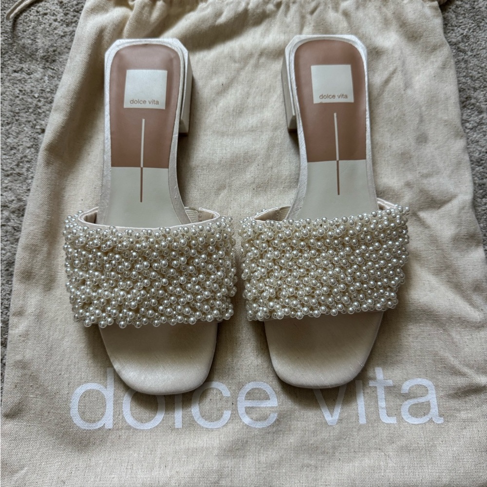 Dolce Vita Pearl Embellished Sandals in Cream